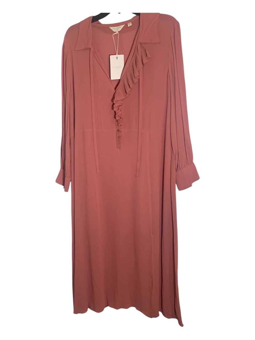 Ted Baker Faithiy Ruffle Midi Dress Dusty Mauve Ladies Size 12 Elegant w/slip